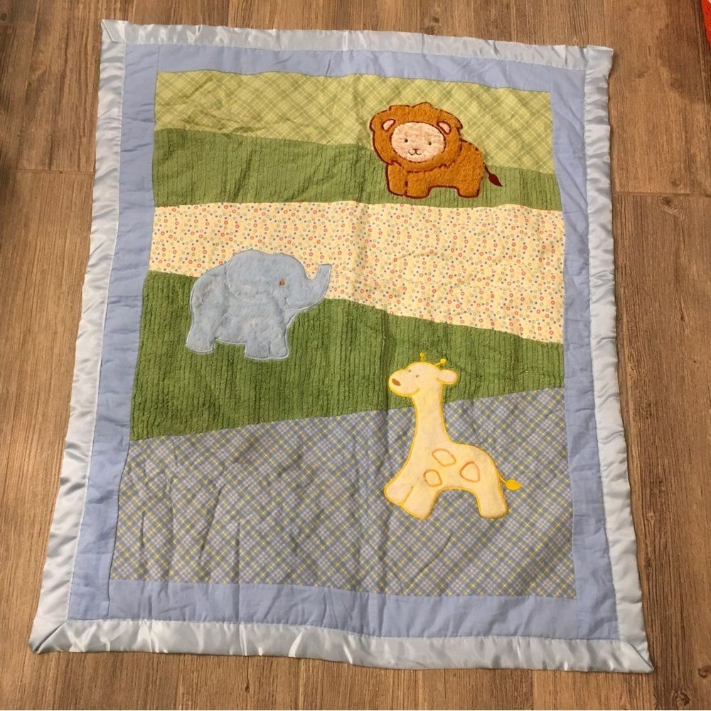 VTG Chenille Patchwork Flannel Baby Blanket Satin Trim Lion, Elephant, Giraffe